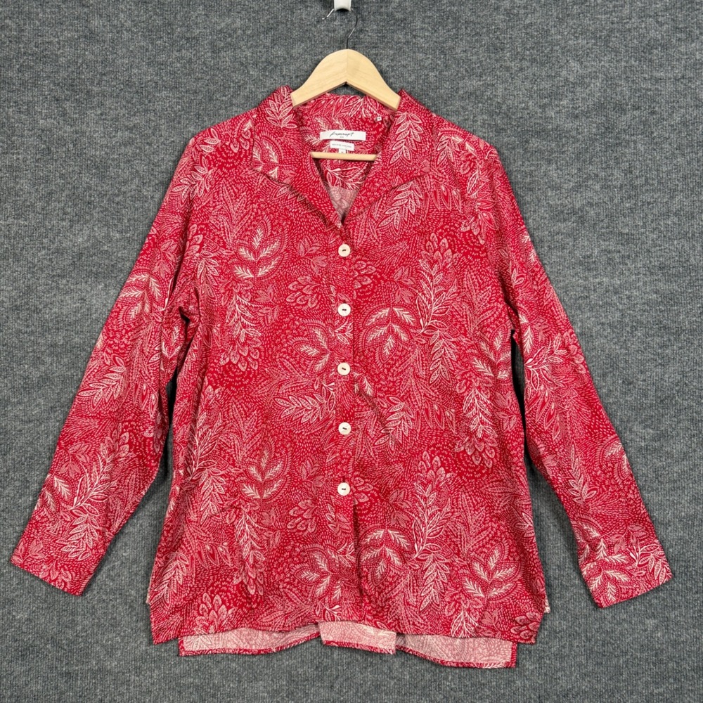 Foxcroft Womens Sz 16 Shirt Blouse Red Floral Cotton Button Up Iron Long Sleeves